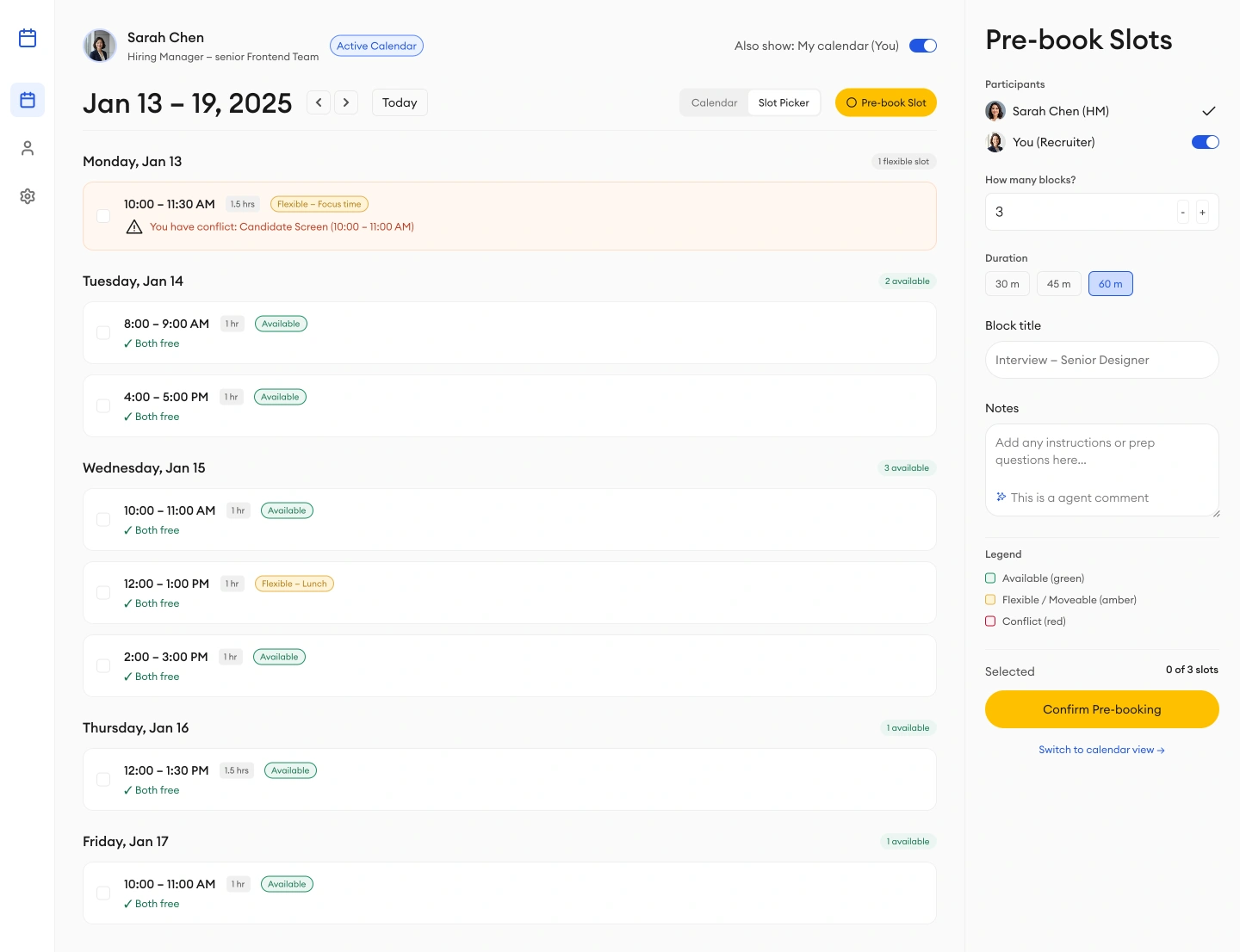 Pre-booking exploration with a daily list of available and conflicting slots beside a form for reserving interview time